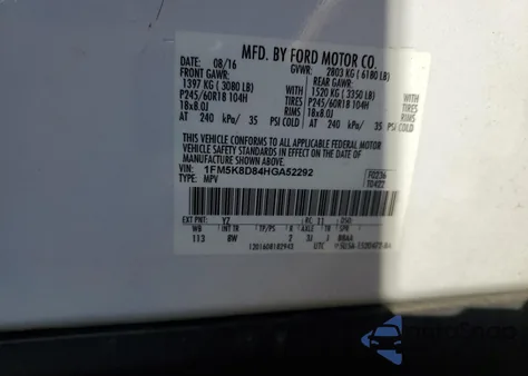 2017 Ford Explorer Xlt из США, поврежденный, VIN 1FM5K8D84HGA52292